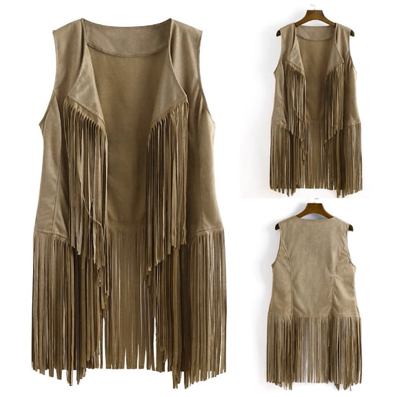 FRSASU Women's Fringe Vest 70s Hippie Costume Sleeveless Tassel Long Jacket Cowgirl Western Tops Halloween Black