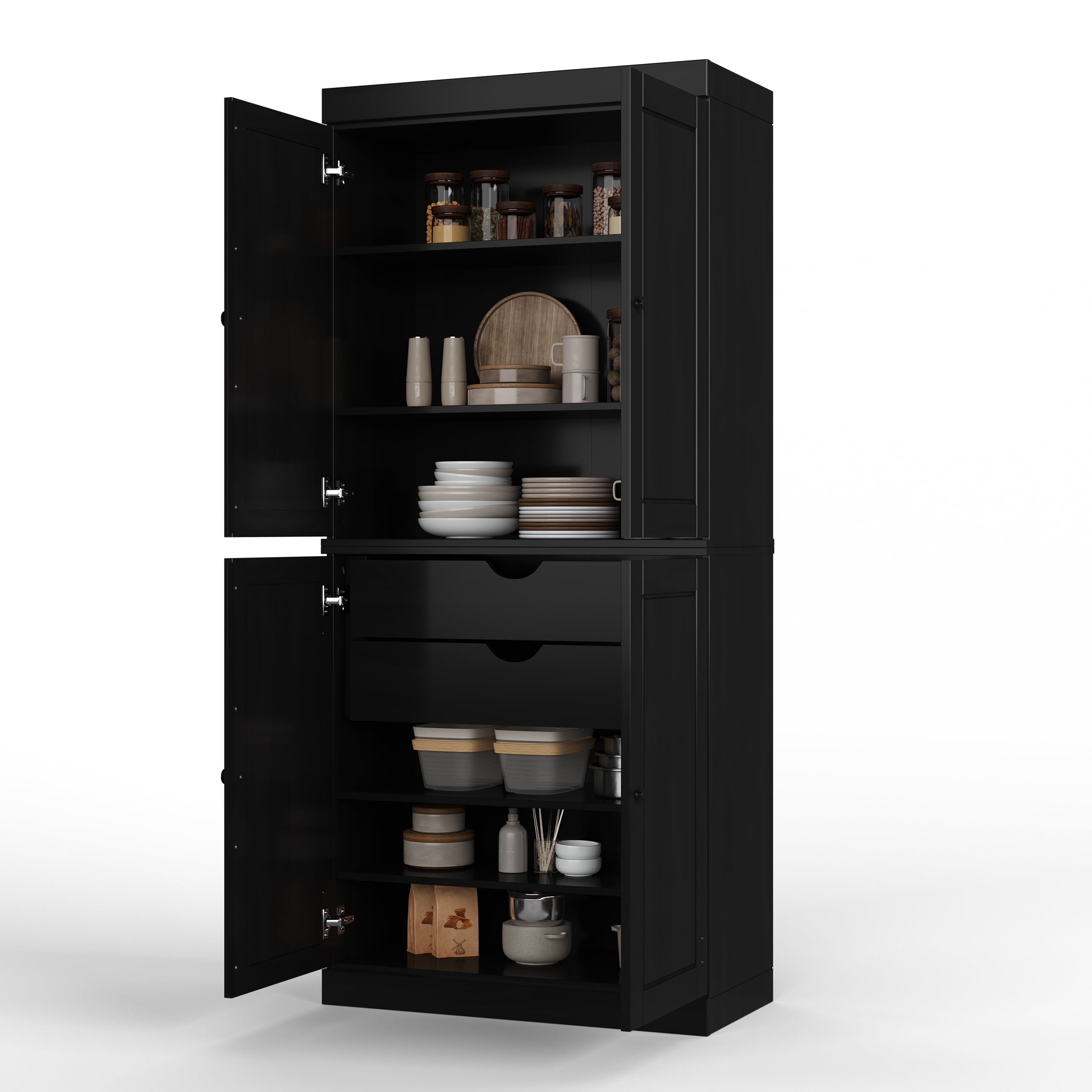 Palace Imports 100% Solid Wood Kitchen Pantry Storage Cabinet with Doors, Adjustable Shelves and 2-Drawers, Black