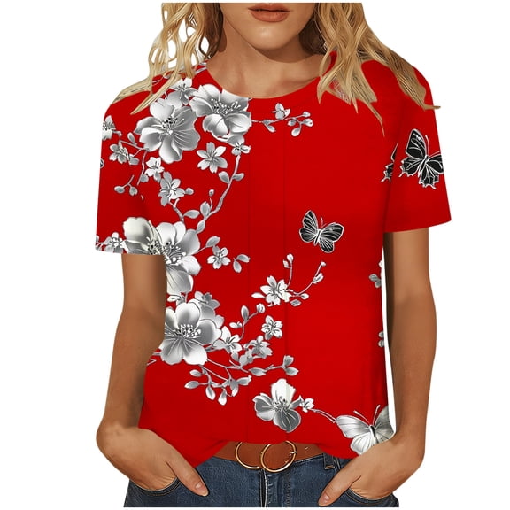 HomeDM Short Sleeve Shirts for Women Floral Crew Neck Casual Summer Loose Fit Tops