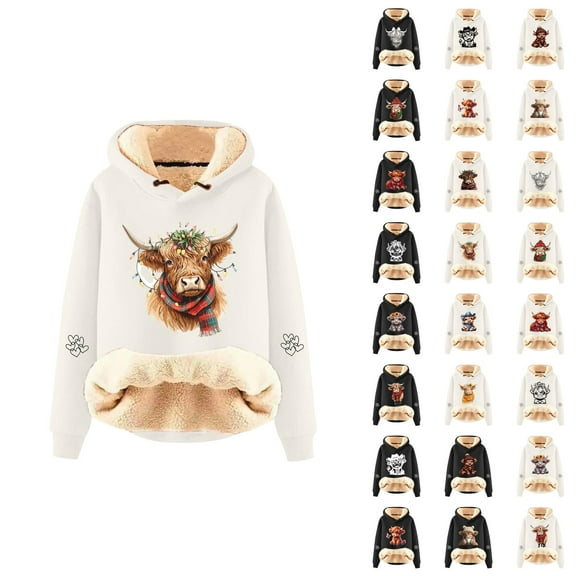 Christmas Heavyweight Hoodies for Women 2025 Long Sleeve Highland Cow Western Hooded Sweatshirt Pullover Tops