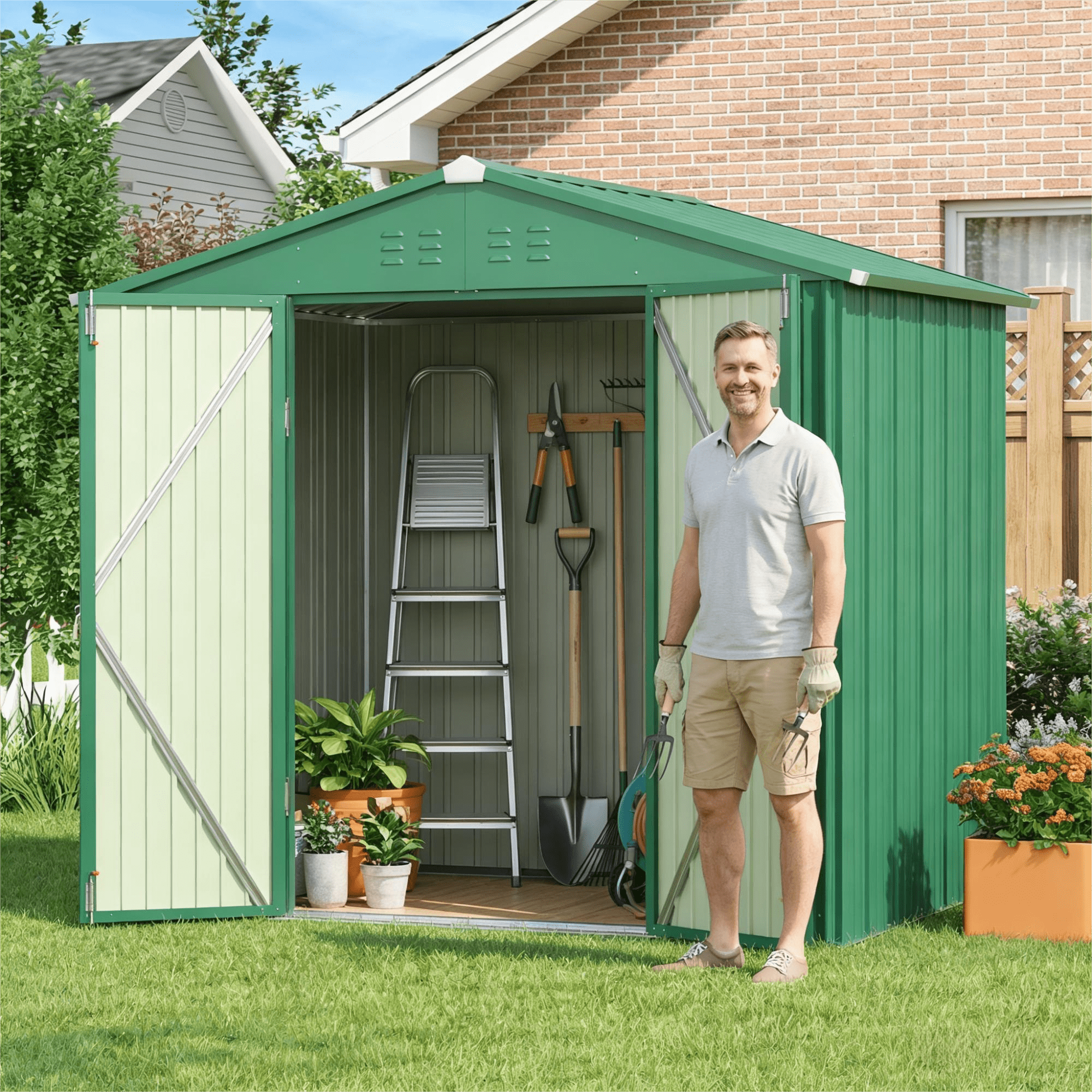 Storage Shed, Lofka 8x6 FT All-Weather Metal Shed with Lockable Doors, Waterproof & Rust-Resistant for Outdoors, Green