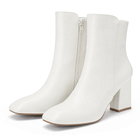 Pennysue Women's Square Toe Mid Calf Boots White Chunky Block Heel Ankle Booties Side Zipper Size 8M