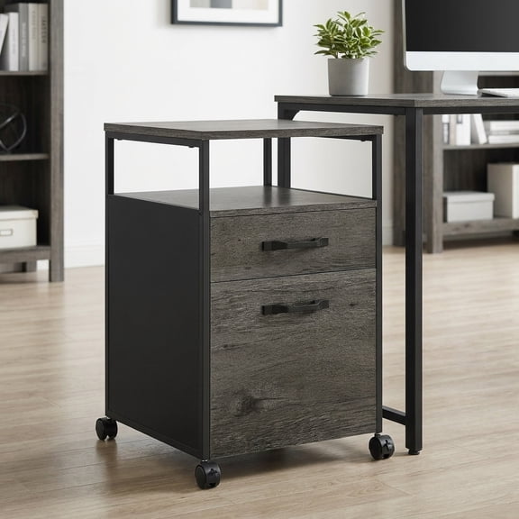 LEDREM Mobile 2-Drawer File Cabinet with Wheels and Open Shelf, Locking Casters for A4/Letter Files, Charcoal Gray and Black