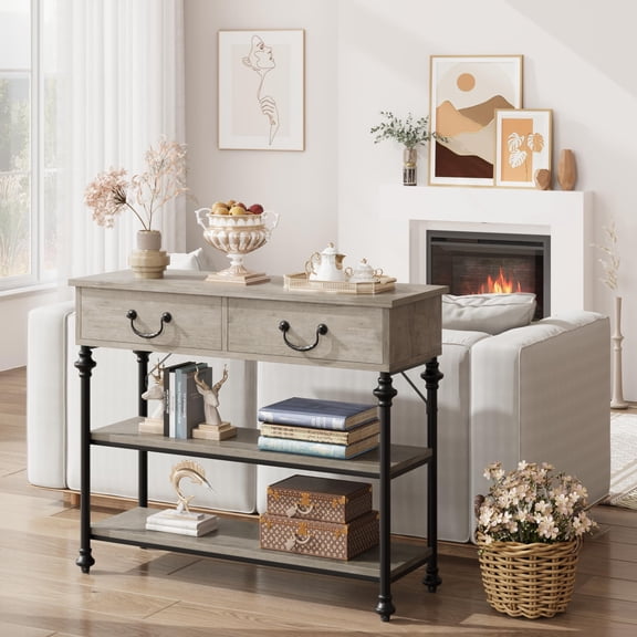 39" Retro Grey Farmhouse Entryway Console Table, 2 Drawers & Storage Shelves – Narrow Sofa Table for Living Room, Hallway, Entrance or Foyer