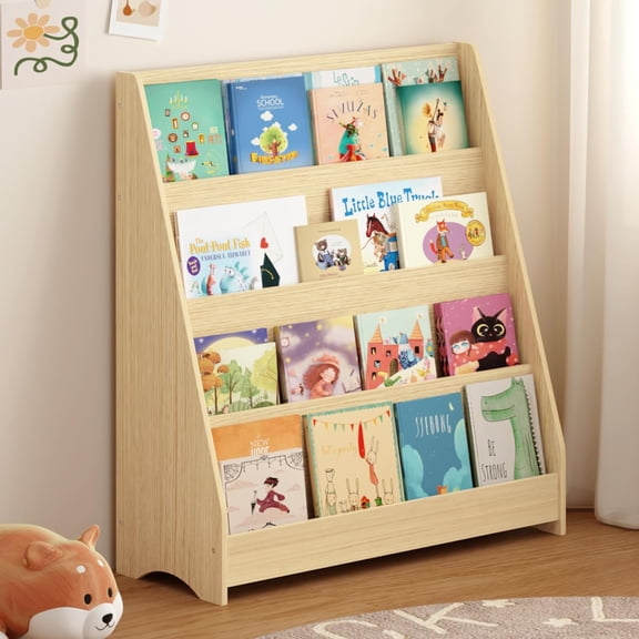 4 Tier Kids Bookshelf for Nursery, Baby Toddler Bookshelves Toy Organizers and Storage Bookcase, Wooden Children Book Shelf for Kids Rooms Classroom (Natural)