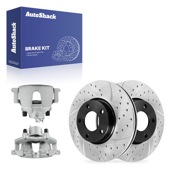 AutoShack Front Vented Drilled & Slotted E-Coated Brake Rotors Calipers 4-PC Brake Kit Replacement for 2005-2007 Mazda 3 2006-2007 Mazda 5 ShadowGuard 11.81" (299.9 mm)