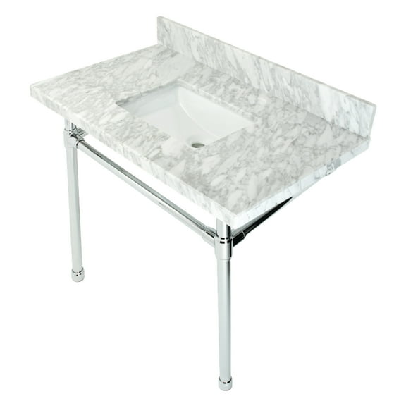 Kingston Brass KVPB36M8SQ1ST Dreyfuss 36" Carrara Marble Vanity Top with Stainless Steel Legs (8-Inch, 3-Hole), Carrara Marble White/Polished Chrome