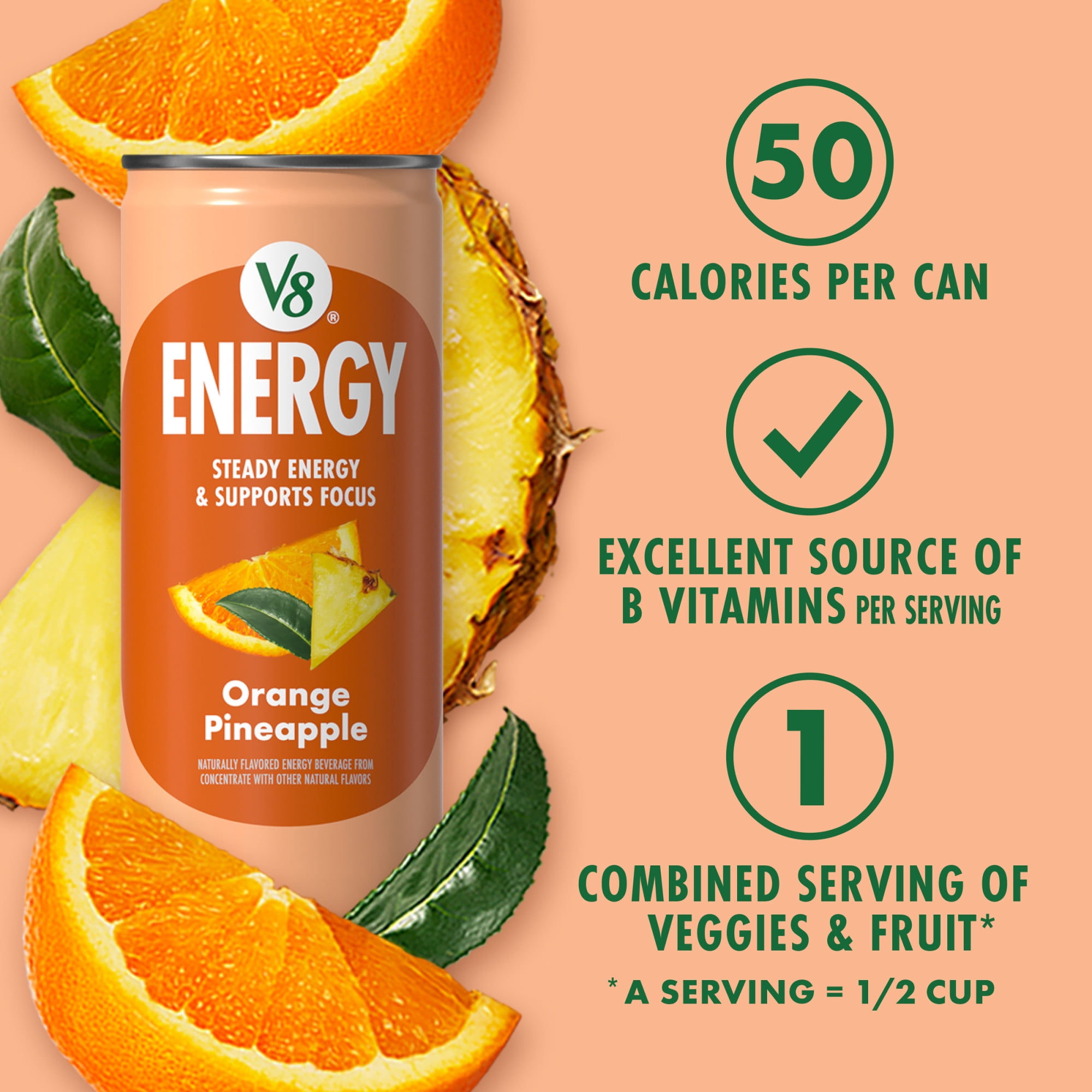 (2 pack) V8 Energy Orange Pineapple Energy Drink, 8 fl oz Can (24 Pack)