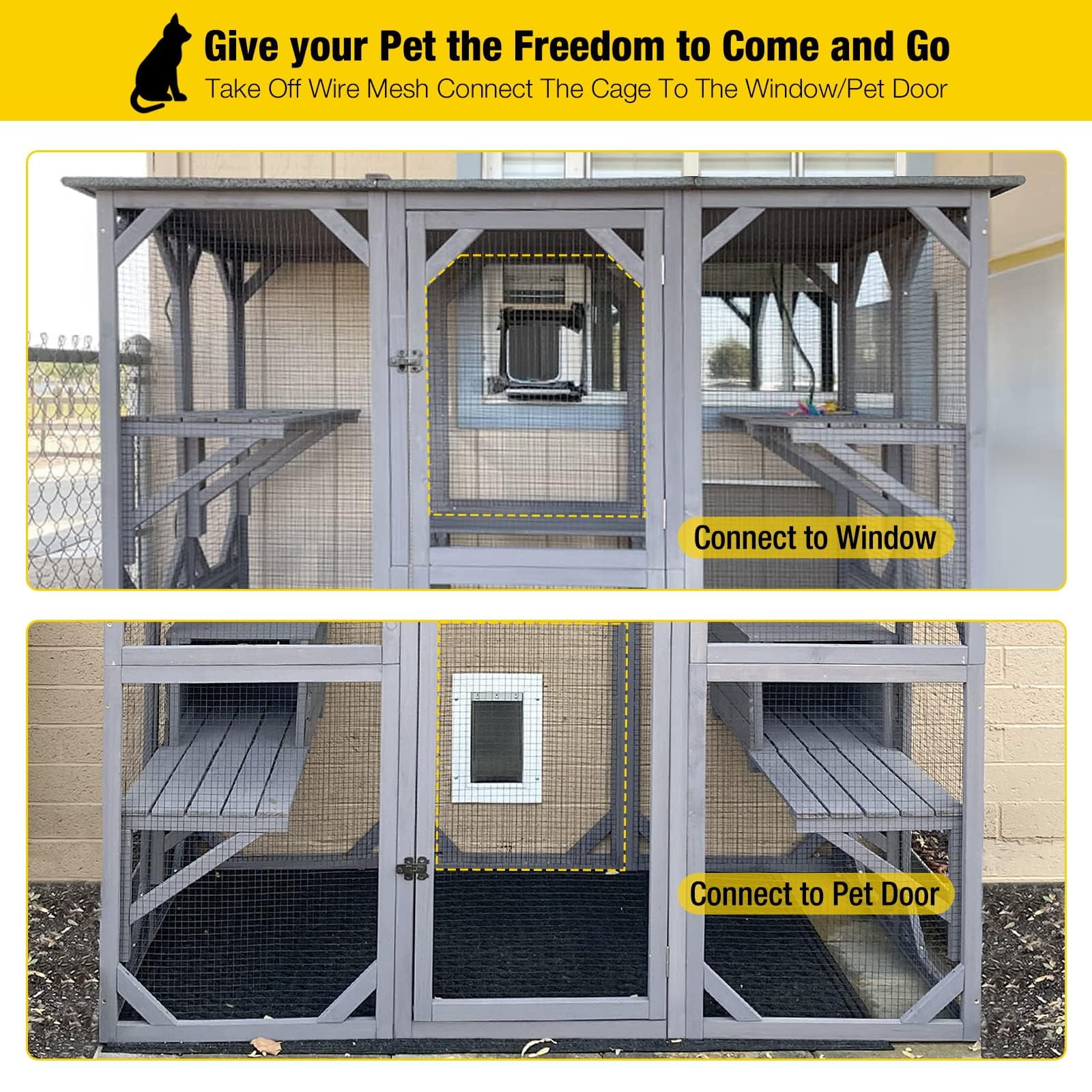 Aivituvin Cat House Outdoor Catio Kitty Enclosure with Super Large Enter Door,Wooden Cat Cage Condo Indoor Playpen with Platforms, 71 Inch