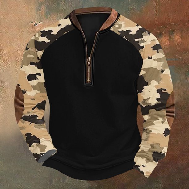 Blusas y camisas de manga larga con cuello redondo para hombre, talla grande, media cremallera, cuello redondo, estampado vintage de camuflaje, blusa de poliéster de manga larga para hombre