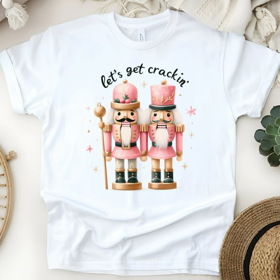 Let’s Get Crackin’ T-Shirt | Pink Nutcracker Holiday Graphic Tee, White, Size S
