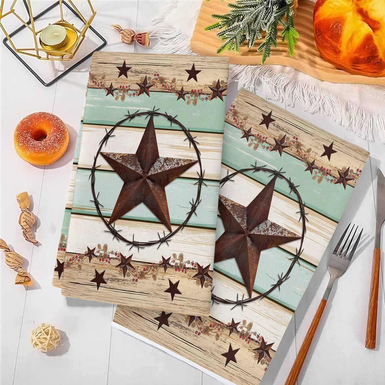 Western Texas Star Green Kitchen Towels Set of 3, Farmhouse Brown Country Vintage Soft Microfiber Dish Towels, Absorbent Washable Dishcloths for Kitchen Cleaning, Drying Dishes, 18x28 Inches