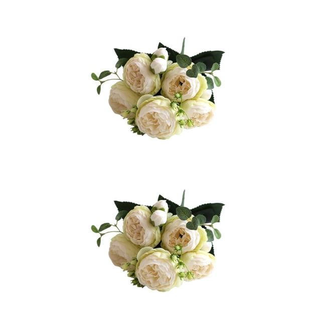 Injueey Peonías artificiales Flores de seda Simulación falsa Ramo Florero Centro comercial Blanco verde 2Conjunto
