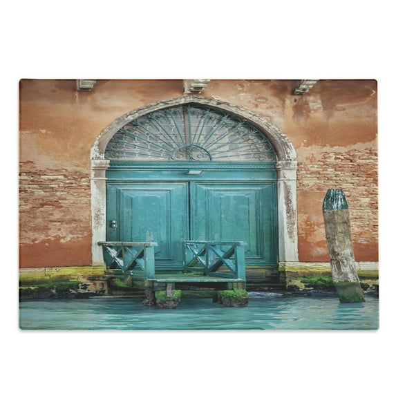 Venice Cutting Board, Building with Antique Door Entrance City on Water Historical Urban, Decorative Tempered Glass Cutting and Serving Board, Large Size, Cinnamon Sky Blue, by Ambesonne