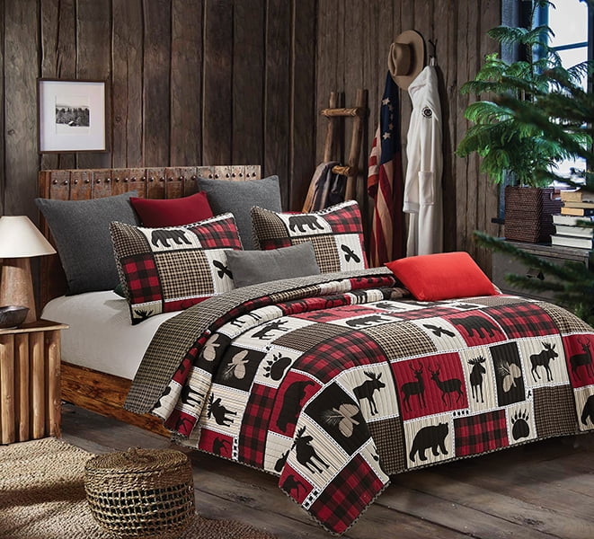 LAKE and LODGE 2pc Twin QUILT SET CABIN COUNTRY MOUNTAIN BEAR DEER FISH 