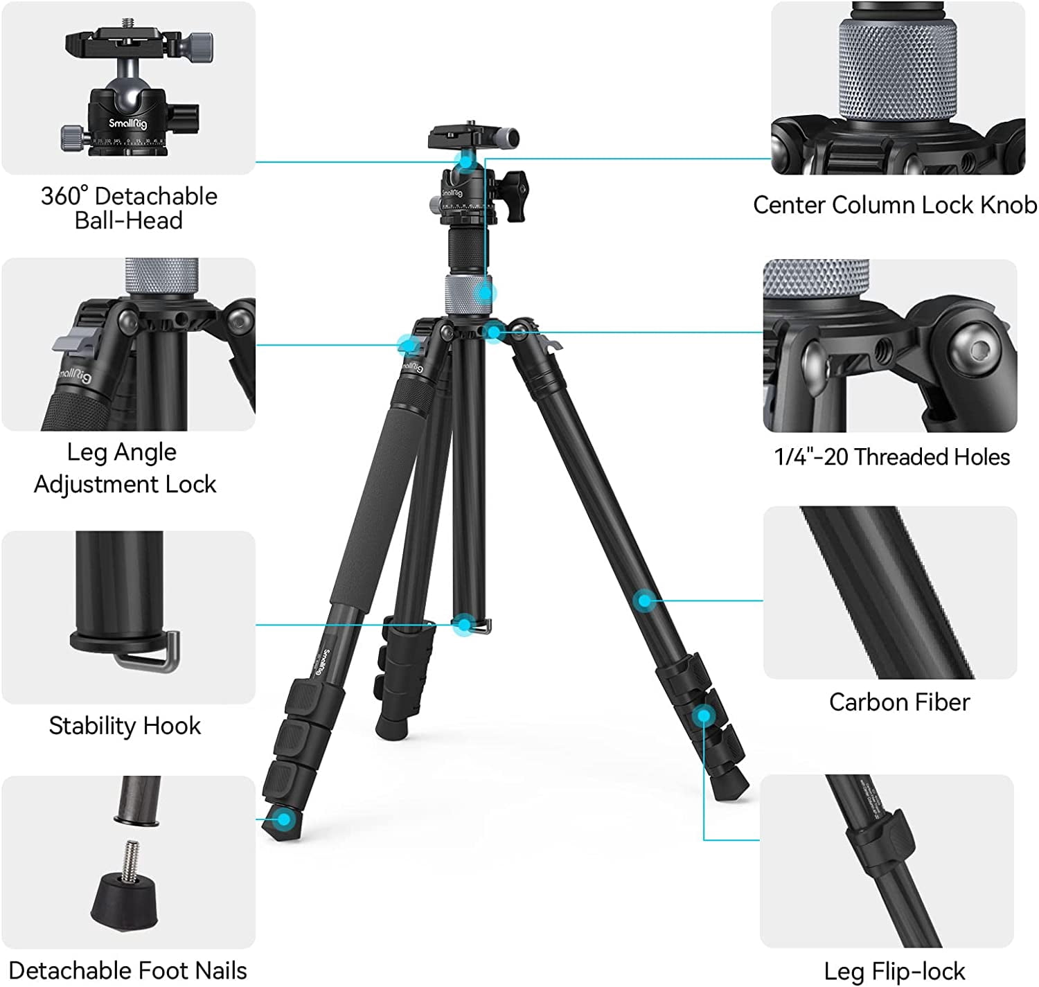 SmallRig 62.2" Carbon Fiber Tripod with Center Column, Travel Lightweight Tripods & Detachable Monopod, 360° Ball Head, Quick Release Plate, Load up to 26.5 lbs/12 kg-4059