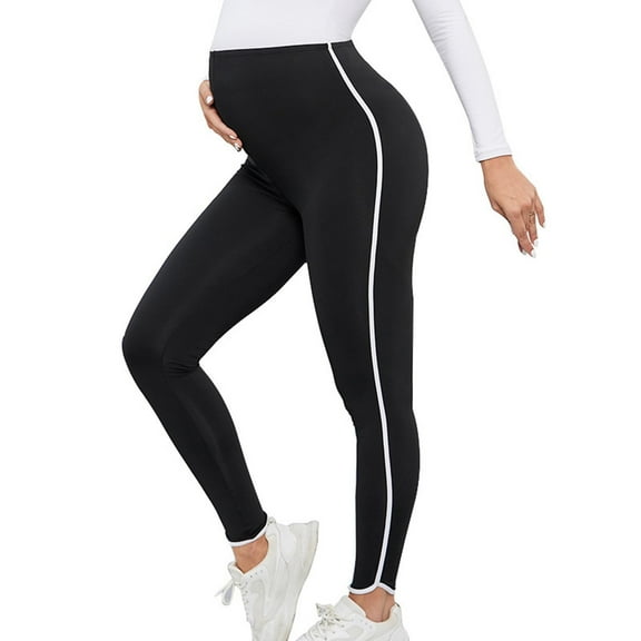 HWRETIE Pregnancy Pants,Women's Maternity Pants Black Color Block Cropped Leggings High Waisted Belly Support Hip Lift Yoga Pants Casual Pregnancy Activewear Black