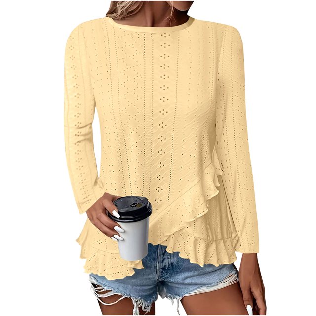 Tidyack , Demi-Prix, T-shirt Uni, Col Rond à Manches Longues, Détail Ourlet en Dentelle, Tenue Décontractée, pour Femmes, Mode de Tous les Jours, 100 % Coton, Confort Extensible, Style d'Été, Tenue de Bureau