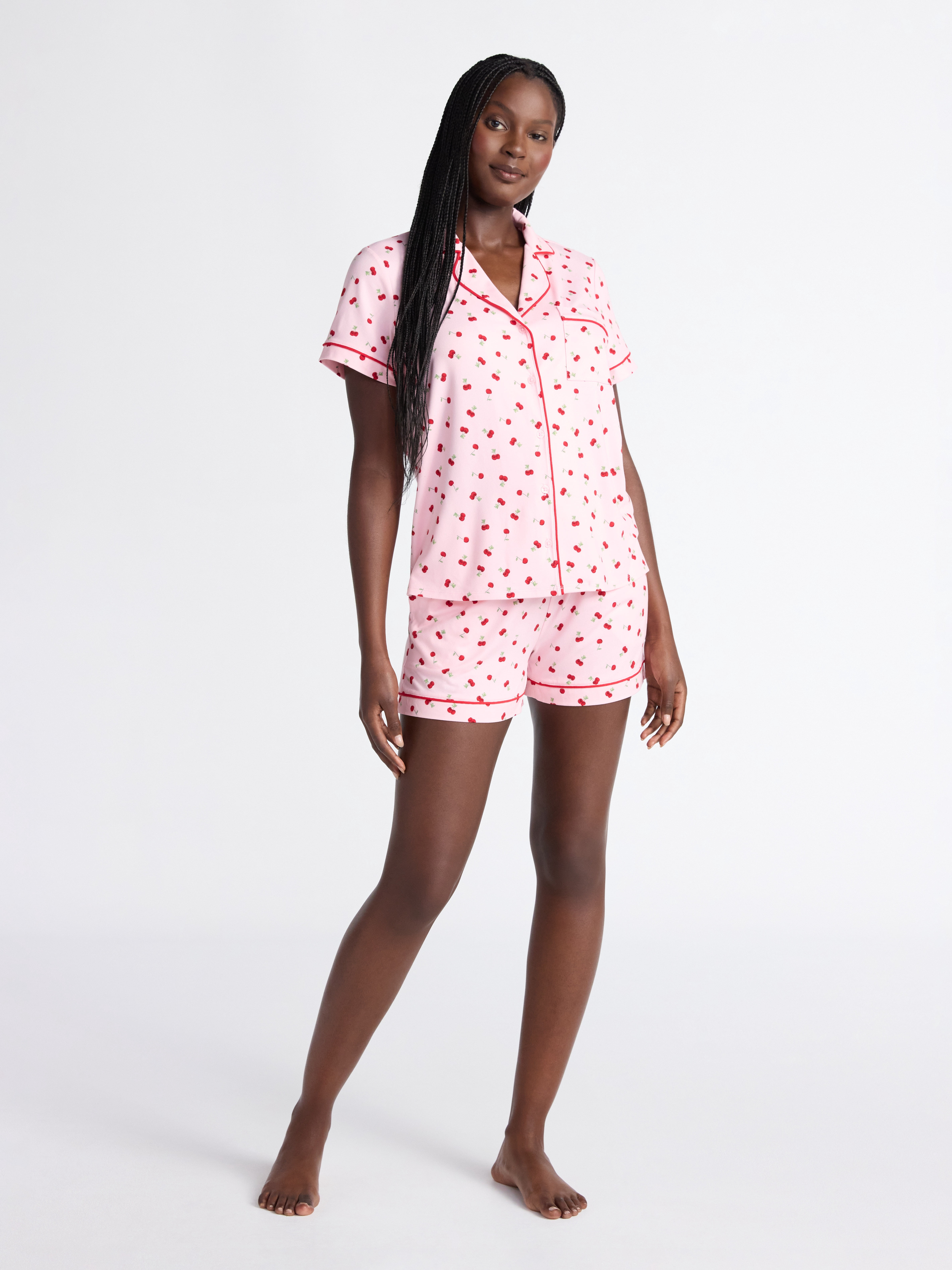 Joyspun Women’s Dreamy Soft Collection Notch Collar Knit Top and Boxer Shorts Pajama Set, Sizes XS-3X