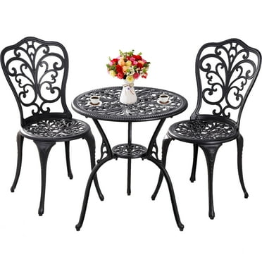 Withniture 3 Piece Outdoor Bistro Set, All Weather Cast Aluminum Patio Dining Table and Chairs with 2" Umbrella Hole, Black