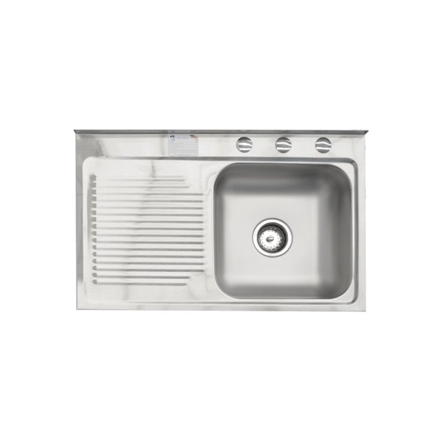 tarja sencilla sobreponer eb técnica mcm401 acero inox satinado y escurridor izq, vista cenital; fregadero gris sobreponer con tina derecha 36x36x14 cm y escurridor ranurado izquierdo, borde perimetral para montaje sobre gabinete o pared, tres agujeros estándar para llaves (38 mm) y desagüe con contracanasta.