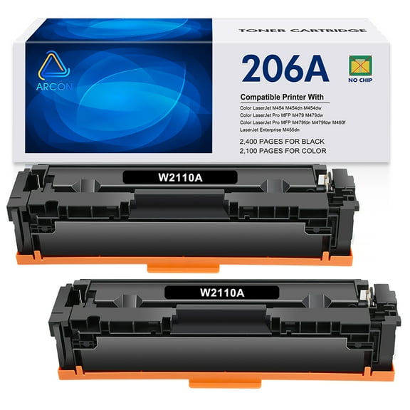 206A Toner Cartridge No Chip Compatible for HP 206A W2110A 206X W2110X Toner for Laserjet Pro MFP M283FDW M255DW M283CDW M283 M255 Printer Ink High Yield (2-Pack, Black)