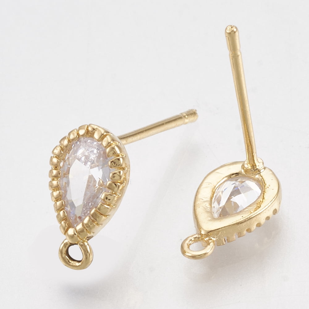 Brass Cubic Zirconia Stud Earring Findings with Loop Teardrop Clear Real 18K Gold Plated 9.5x5.5mm Hole: 1mm Pin: 0.8mm
