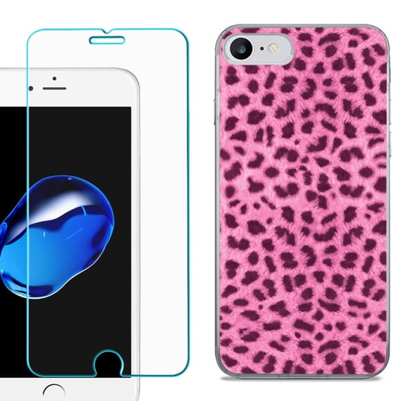 For Apple iPhone 7 / iPhone 8 Case, Slim-Fit TPU Phone Case, with Tempered Glass Screen Protector, by OneToughShield ® - Cheetah Pink