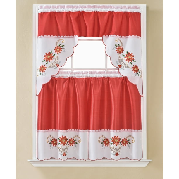 Christmas Poinsettia Embroidered Tier and Swag Kitchen Curtain Set