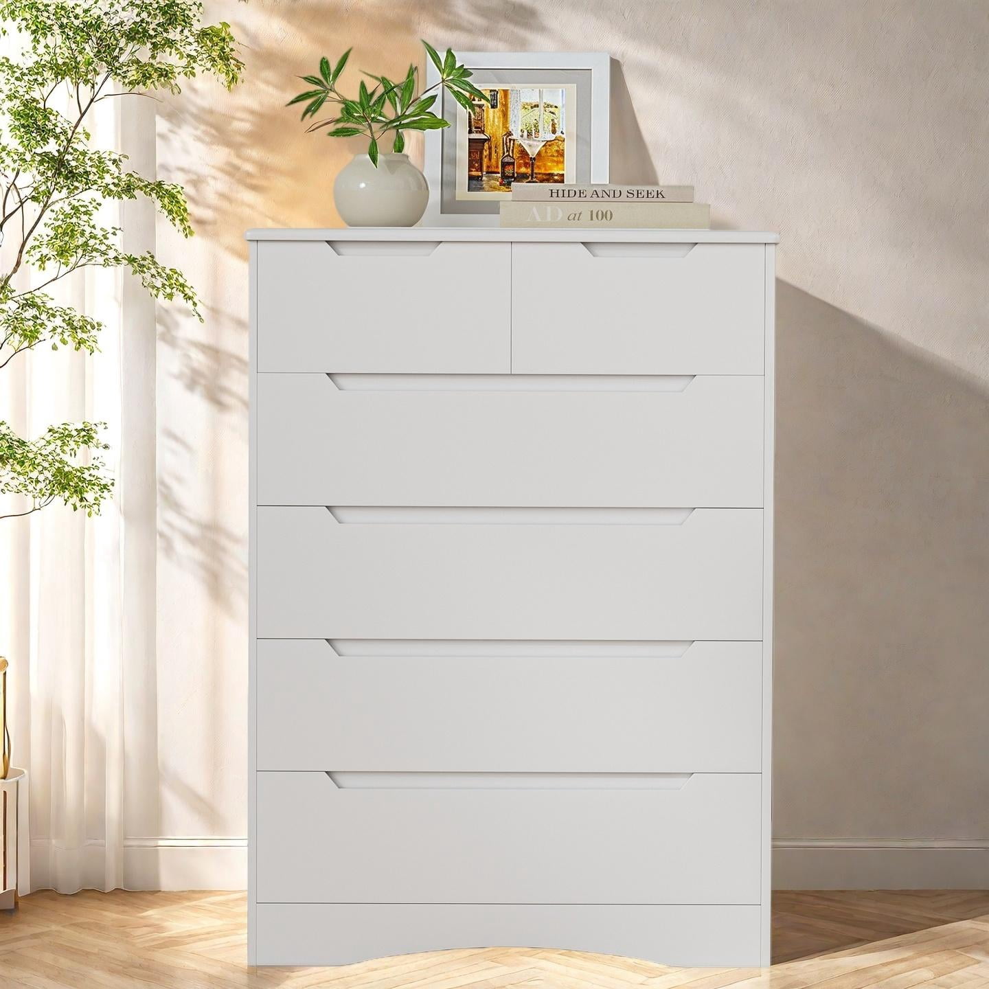 White Dresser, 6 Drawer Dresser Wooden Storage Cabinet for Bedroom, Home, Living Room