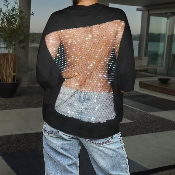 Women T Shirt Round Neck Mesh Hollow Out Backless Loose Fit T Shirt Top with Rhinestone Detail Summer Tops for Women Black L