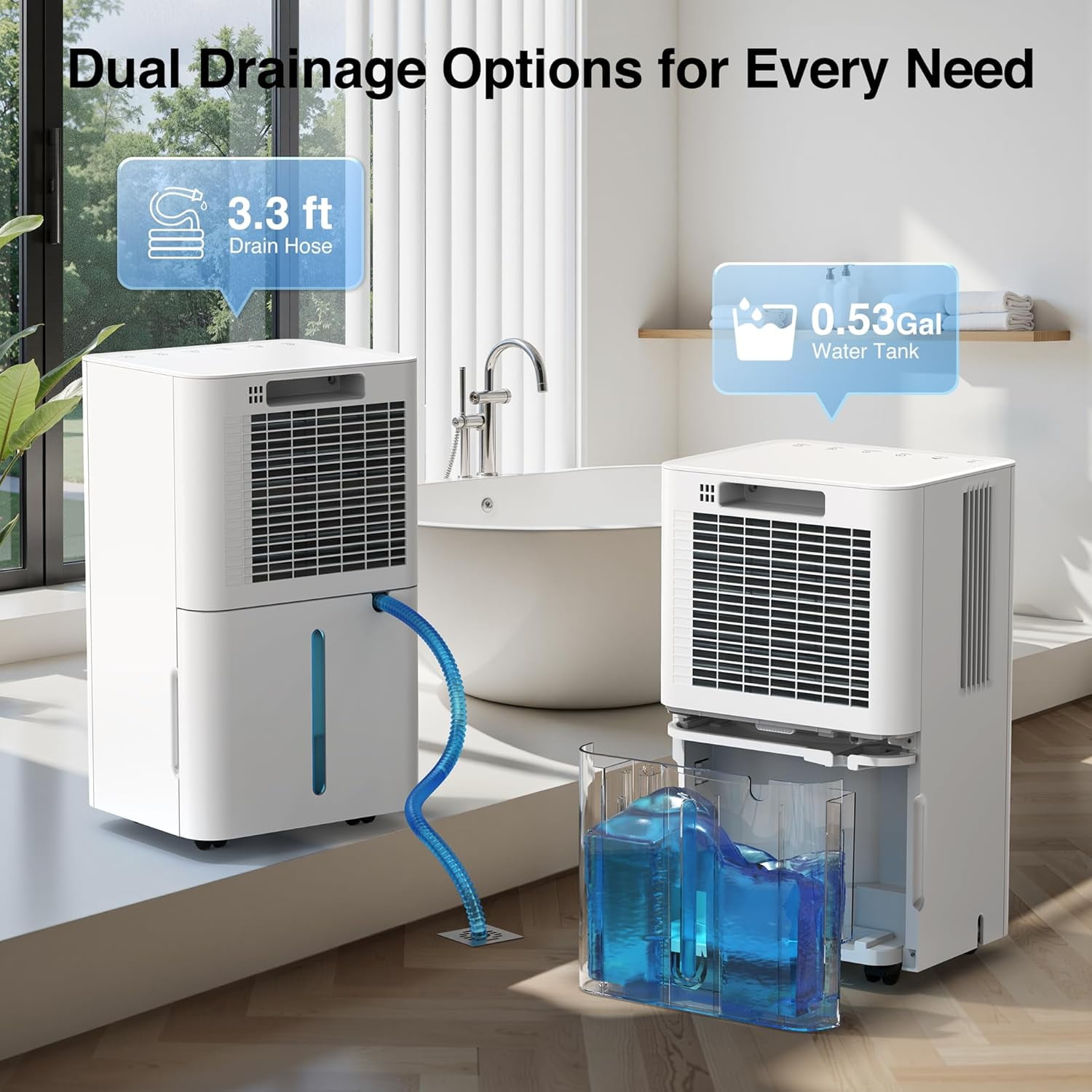 WAA 24 Pint Dehumidifier Auto/Manual Drainage,3 Modes,24H Timer,Auto Defrost (Home/Basement,Drain Hose)