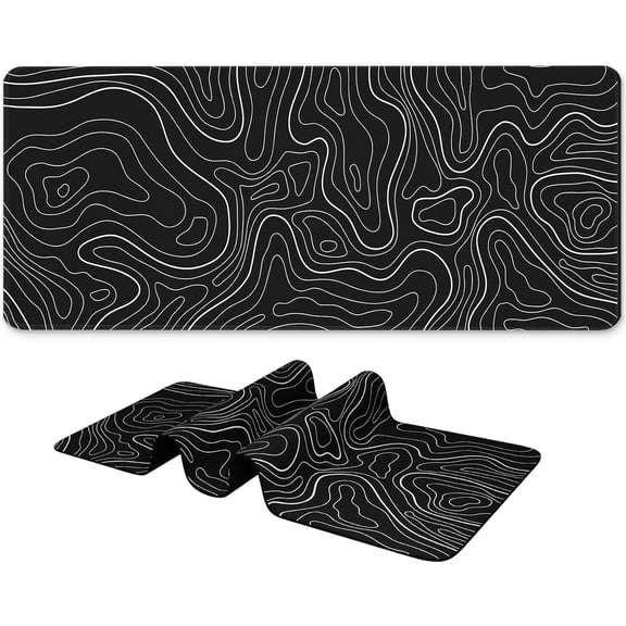 Long Gaming Mouse Pad 31.5 x 11.8 inches, Extended Anime Mousepad, Large Desk Pad with Non-Slip Base, Full Keyboard Mat with Stitched Edges for Gaming and Office (Black Topographic Line)