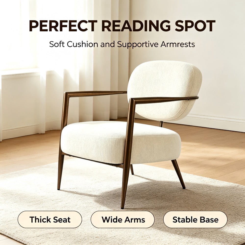 Accent Chair, Mid Century Modern Upholstered Lounge Chair with Metal Frame, Textured Fabric, Padded Seat & Back for Living Room, Bedroom & Office, White