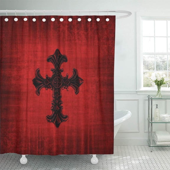 Libin Look Medieval Red Velvet Black Gothic Cross Shower Curtain 66x72 inch