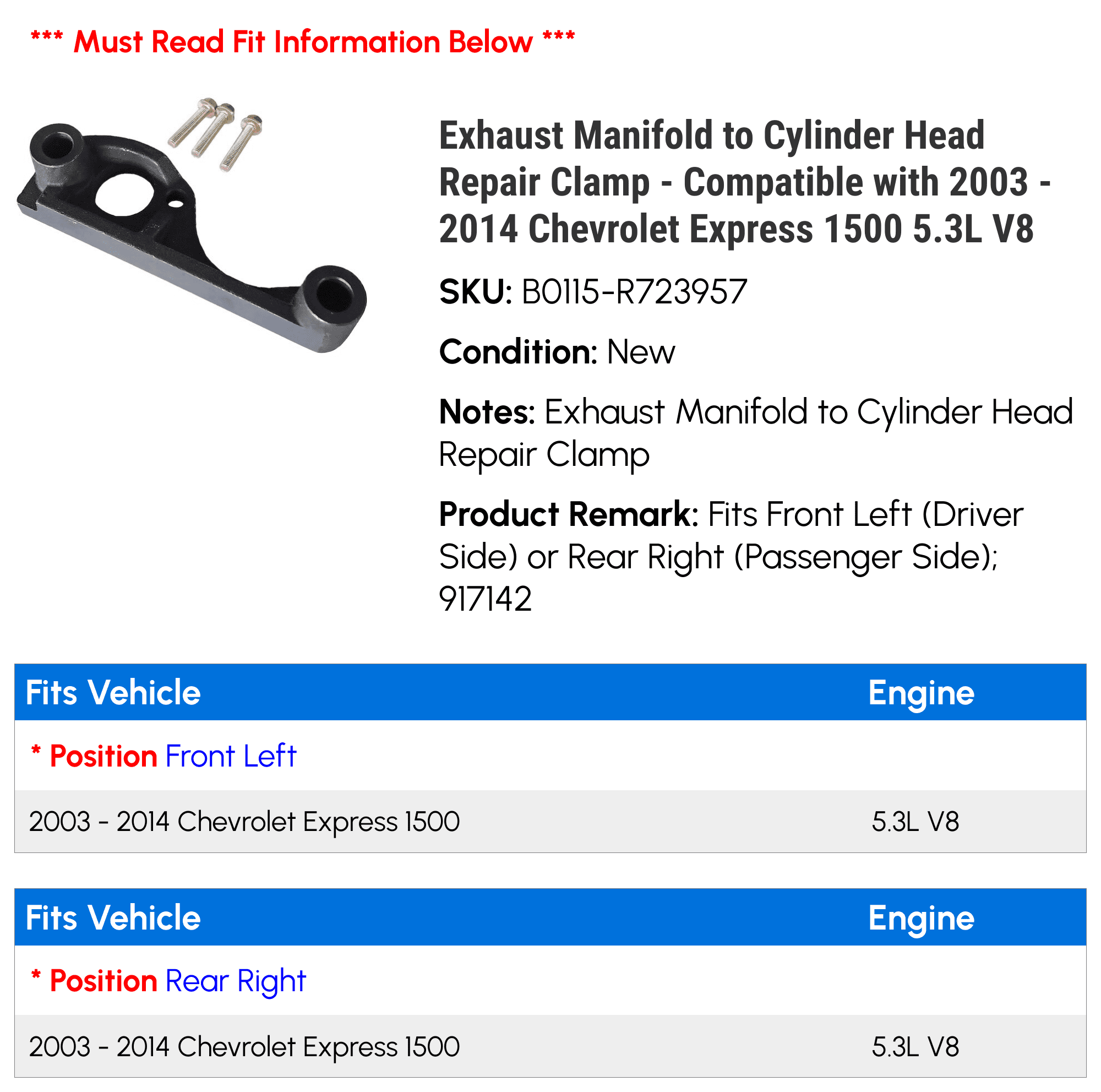 Exhaust Manifold to Cylinder Head Repair Clamp - Compatible with 2003 - 2014 Chevy Express 1500 5.3L V8 2004 2005 2006 2007 2008 2009 2010 2011 2012 2013
