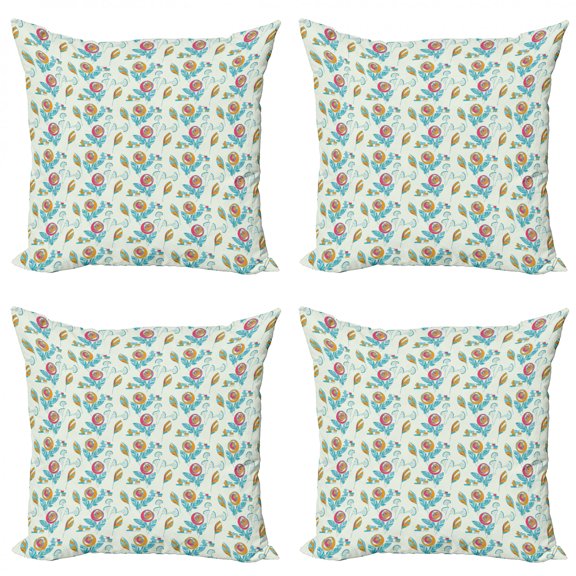 Flower Throw Pillow Cushion Case Pack of 4, Circular Blossoms Herbs Leaves and with Geometrical Elements, Modern Accent Double-Sided Print, 4 Sizes, Pale Blue Orange, by Ambesonne