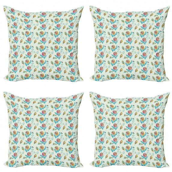 Flower Throw Pillow Cushion Case Pack of 4, Circular Blossoms Herbs Leaves and with Geometrical Elements, Modern Accent Double-Sided Print, 4 Sizes, Pale Blue Orange, by Ambesonne