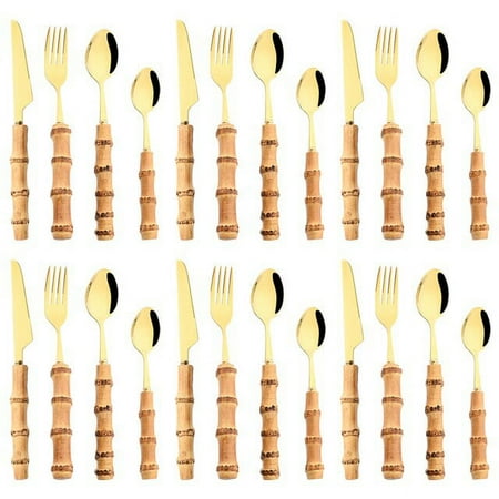 

Stainless Steel Tableware Set Steak Knife Spoon Fork Flatware Creative Bamboo Handle Cutlery Set Kitchen Dinnerware Set