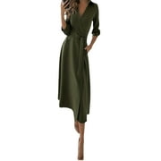 hirigin Tie-up Mid-rise Dress, Solid Color/Print Long Sleeve V-neck One-piece