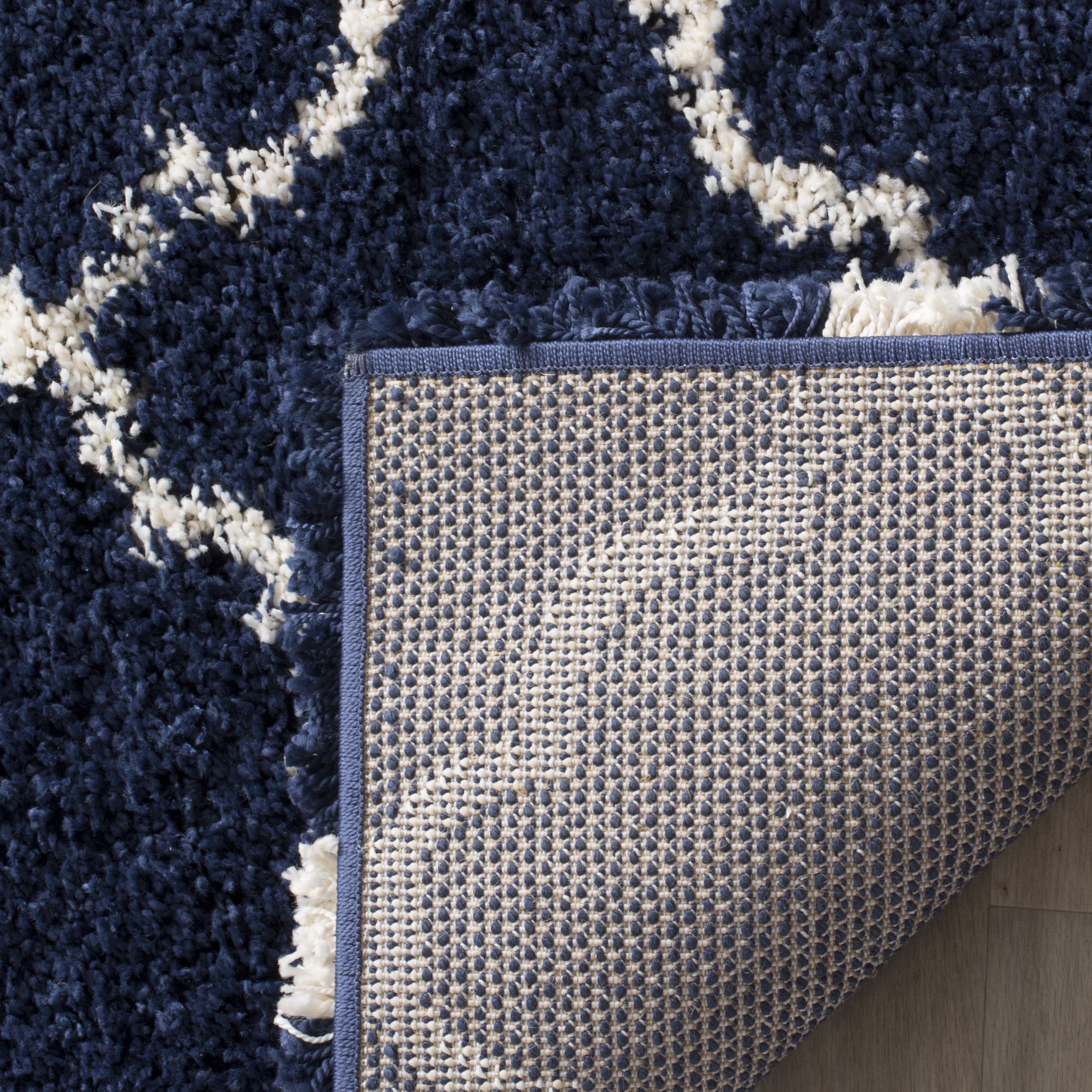 SAFAVIEH Hudson Jaye Plush Geometric Shag Runner Rug, Navy/Ivory, 2'3" x 16'