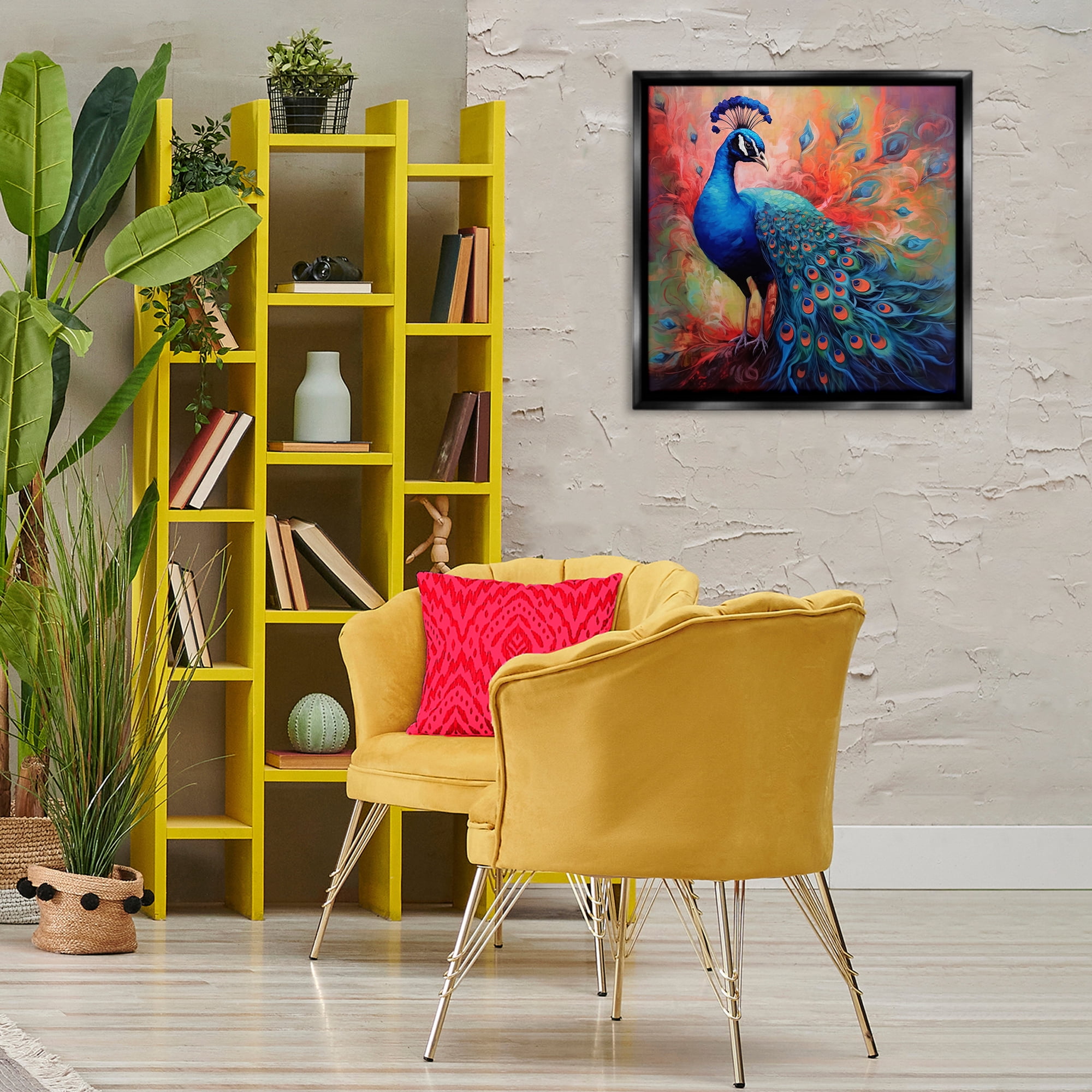Stupell Industries Feathered Fantasy Peacock Animals Painting Black Floater Framed Canvas Art Print Wall Art, 25 x 25