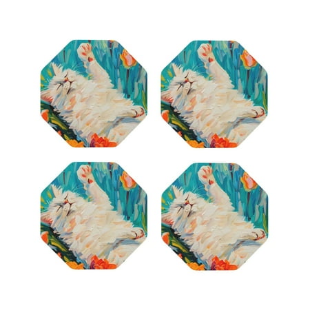 

Fuzoiu Playful Floral Cat Print Leather Coasters Set Drink Coasters Set of 4 for Tabletop Protection Durable PVC Coasters Home Décor and Housewarming Gift-Octagon