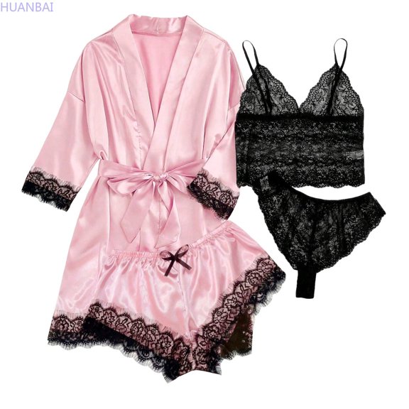 HUANBAI Silk Pajamas For Women Set 4 Piece Satin Sleepwear Classic Button Down Short Sleeve Pj Cute Loungewear Cas ual