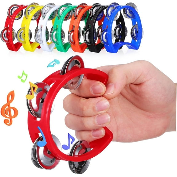 7pcs Boy Girl Percussion Instrument Handheld Tambourines with Jingle Bells Safe Plastic Musical Instruments for Boy Girl Holiday Parties and Sports Games