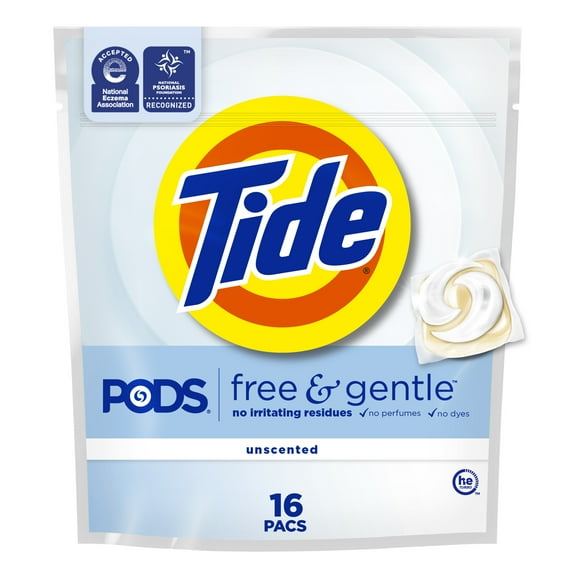 Tide PODS Free and Gentle Liquid Laundry Detergent Pacs, Hypoallergenic, Unscented, 16 Count