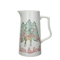 Creative Co-Op 2 Quart Stoneware Pitcher with Reindeer "Merry and Bright", Multicolor