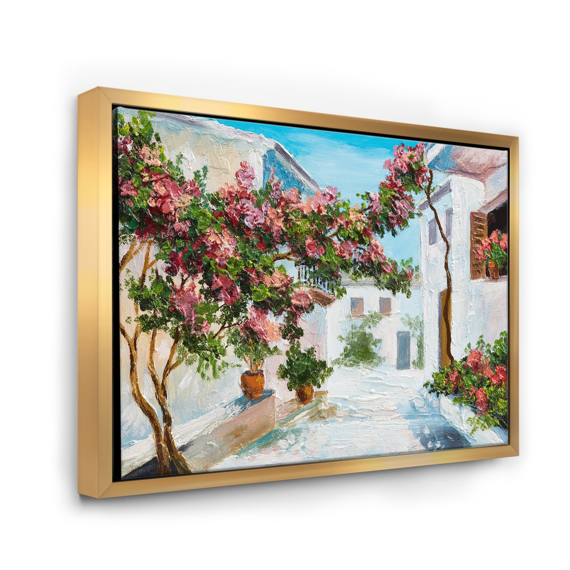 Designart 'Blossoming Flowers With White House Near The Sea' Nautical & Coastal Framed Canvas Wall Art Print