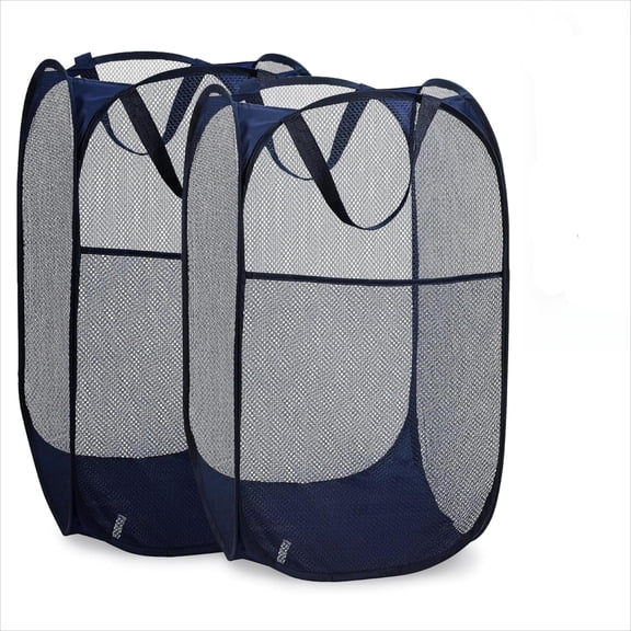 Collapsible Mesh Pop Up Laundry Hamper 2-Pack – Large Foldable Laundry Basket with Side Pocket, Breathable & Durable, Space-Saving for Clothes, Toys, Travel, Dorm, Bedroom, Blue