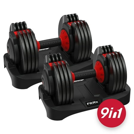FitRx SmartBell 2-Pack  Two 25lbs. Quick-Select 9 in 1 Adjustable Dumbbell for Home Gym  5-25lbs. Weight in 2.5lbs Increments